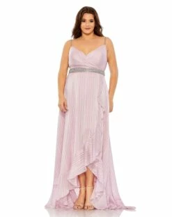 Rhinestone Belt Faux Wrap Ruffle Tulip Hem Gown (Plus)