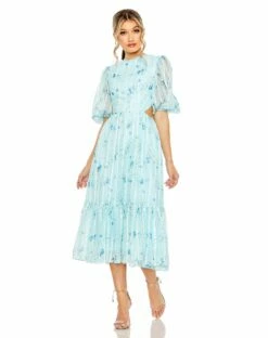 Lace Up Puff Sleeve Floral Dress