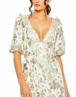 Puff Sleeve Deep V Neck Brocade Mini Dress -Women's Skirt 49621 WhiteGold CL