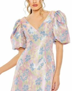 Floral Puff Shoulder Brocade Mini Dress -Women's Skirt 49622 PinkMulti CL