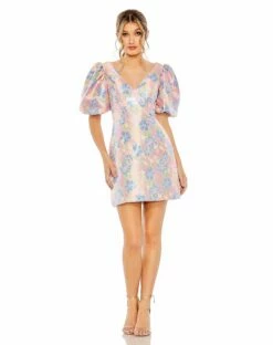 Floral Puff Shoulder Brocade Mini Dress