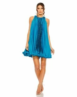 Pleated Halter Neck Flowy Mini Trapeze Dress