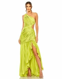 Side Cut-Out One-Shoulder Pleated Gown