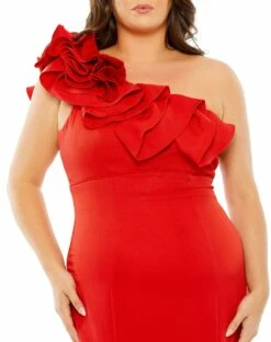 One Shoulder Ruffle Detailed Gown (Plus) -Women's Skirt 49707 Red 3 WS