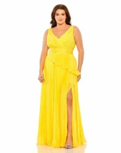 Chiffon Pleated V-Neck Ruffle Gown (Plus)