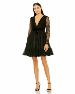 Long Sleeve Deep V Lace Babydoll Dress
