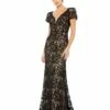 Lace Plunge Neck Short Puff Sleeve Trumpet Gown -Women's Skirt 50644 BlackNude AB