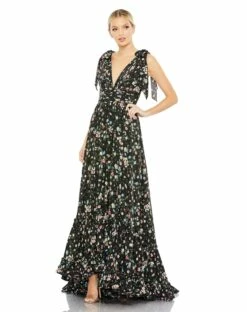 Floral Print Soft Tie Sleeveless Tiered Gown -Women's Skirt 50657 BlackMulti AB