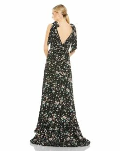 Floral Print Soft Tie Sleeveless Tiered Gown -Women's Skirt 50657 BlackMulti BK
