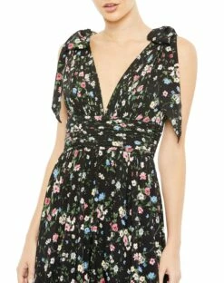 Floral Print Soft Tie Sleeveless Tiered Gown -Women's Skirt 50657 BlackMulti CL