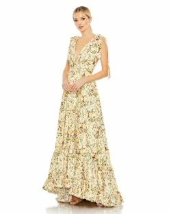 Floral Print Soft Tie Sleeveless Tiered Gown