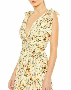 Floral Print Soft Tie Sleeveless Tiered Gown -Women's Skirt 50657 YellowMulti CL
