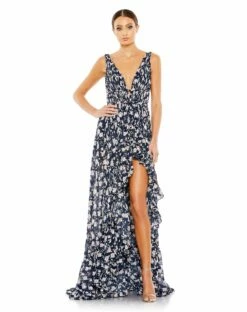 Floral Print Sleeveless Ruffled High-Low Gown