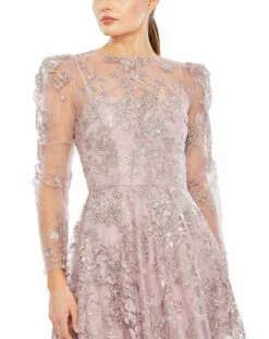 Embroidered Illusion High Neck A Line Dress -Women's Skirt 50664 Lilac CL