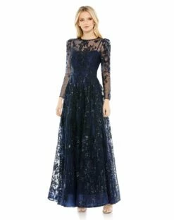 Embroidered Illusion High Neck A Line Dress -Women's Skirt 50664 Navy AB