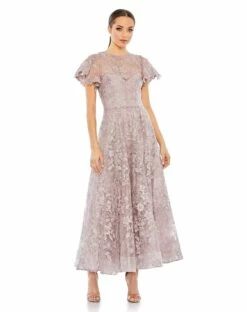 Embroidered High Neck Cap Sleeve A Line Gown -Women's Skirt 50665 Lilac AB