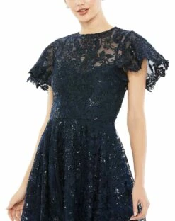 Embroidered High Neck Cap Sleeve A Line Gown -Women's Skirt 50665 Navy CL