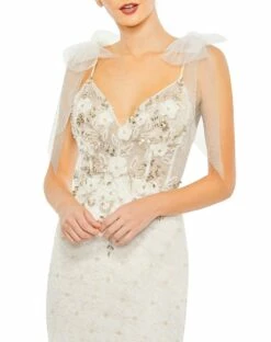 Embellished Sleeveless Bow Detail Mermaid Gown -Women's Skirt 50666 WhiteGold CL