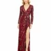 Sequin V Neck Long Sleeve Gown -Women's Skirt 5186 Burgundy AB