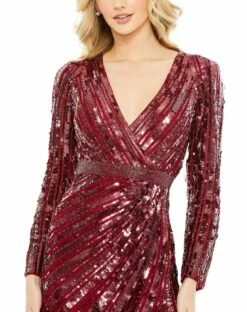 Sequin V Neck Long Sleeve Gown 7 Sequin V Neck Long Sleeve Gown -Women's Skirt 5186 Burgundy CL