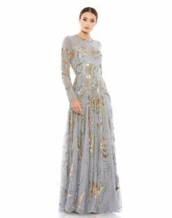 Long Sleeve Embellished Illusion Evening Gown 20 Long Sleeve Embellished Illusion Evening Gown -Women's Skirt 5217 PLG 1 WS