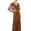 Sequined V Neck Floral Embellished Cape Sleeve Gown 2 Sequined V Neck Floral Embellished Cape Sleeve Gown -Women's Skirt 5221 Chocolate AB