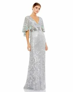 Sequined V Neck Floral Embellished Cape Sleeve Gown -Women's Skirt 5221 Platinum AB