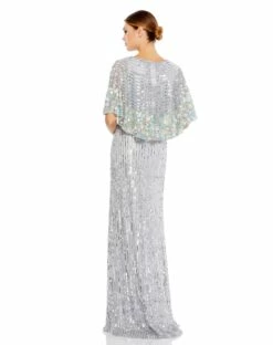 Sequined V Neck Floral Embellished Cape Sleeve Gown -Women's Skirt 5221 Platinum BK
