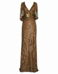 Sequined V Neck Floral Embellished Cape Sleeve Gown -Women's Skirt 5221 CHO 4 WS