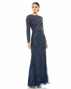 Long Sleeve Beaded Column Gown -Women's Skirt 5240 Midnight AB