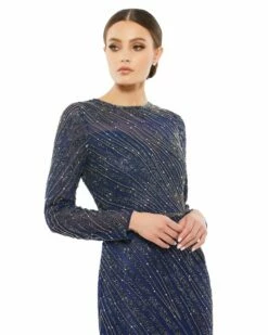 Long Sleeve Beaded Column Gown -Women's Skirt 5240 Midnight CL