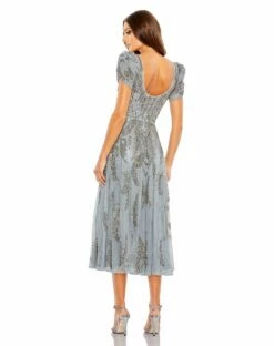 Beaded Short Sleeve Tea Length Dress 11 Beaded Short Sleeve Tea Length Dress -Women's Skirt 5434 Silver BK