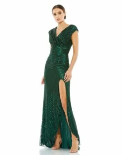 Cap Sleeve Sequined Evening Gown -Women's Skirt 5441 ForestGreen AB