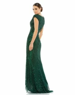 Cap Sleeve Sequined Evening Gown -Women's Skirt 5441 ForestGreen BK