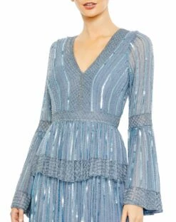 Embellished Bell Sleeve Tiered Gown -Women's Skirt 5442 Blue CL