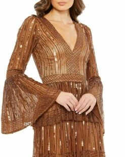 Embellished Bell Sleeve Tiered Gown -Women's Skirt 5442 Copper CL