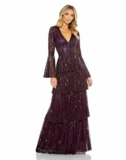 Embellished Bell Sleeve Tiered Gown