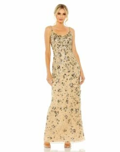 Floral Embellished Scoop Neck Evening Gown -Women's Skirt 5477 Gold AB