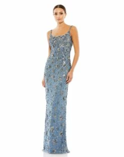 Floral Embellished Scoop Neck Evening Gown -Women's Skirt 5477 SlateGrey AB