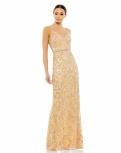 Sleeveless V-Neck Beaded Column Gown