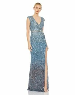 Cap Sleeve Sequined High Slit Gown -Women's Skirt 5489 BlueOmbre AB