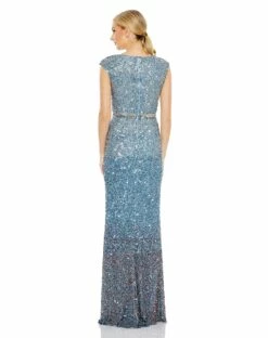 Cap Sleeve Sequined High Slit Gown -Women's Skirt 5489 BlueOmbre BK
