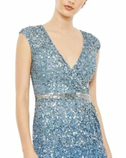 Cap Sleeve Sequined High Slit Gown -Women's Skirt 5489 BlueOmbre CL