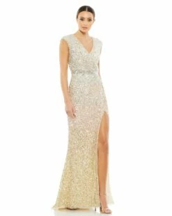 Cap Sleeve Sequined High Slit Gown