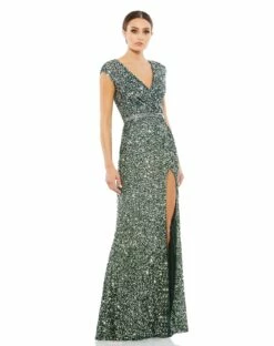 Cap Sleeve Sequined High Slit Gown -Women's Skirt 5489 FRG 1 WS