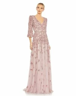 Embellished V Neck 3/4 Sleeve A Line Gown 11 Embellished V Neck 3/4 Sleeve A Line Gown -Women's Skirt 5497 Rose AB