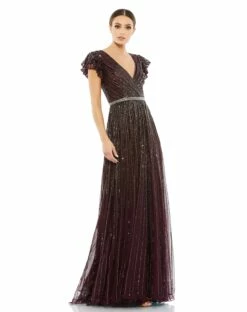 Sequined Wrap Over Ruffled Cap Sleeve Gown -Women's Skirt 5502 Blackberry AB