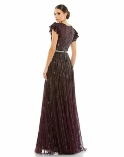 Sequined Wrap Over Ruffled Cap Sleeve Gown -Women's Skirt 5502 Blackberry BK