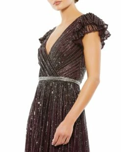 Sequined Wrap Over Ruffled Cap Sleeve Gown -Women's Skirt 5502 Blackberry CL