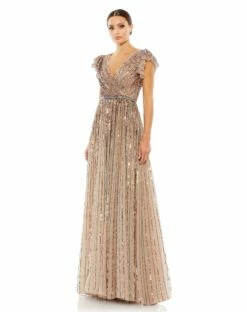 Sequined Wrap Over Ruffled Cap Sleeve Gown -Women's Skirt 5502 Copper AB